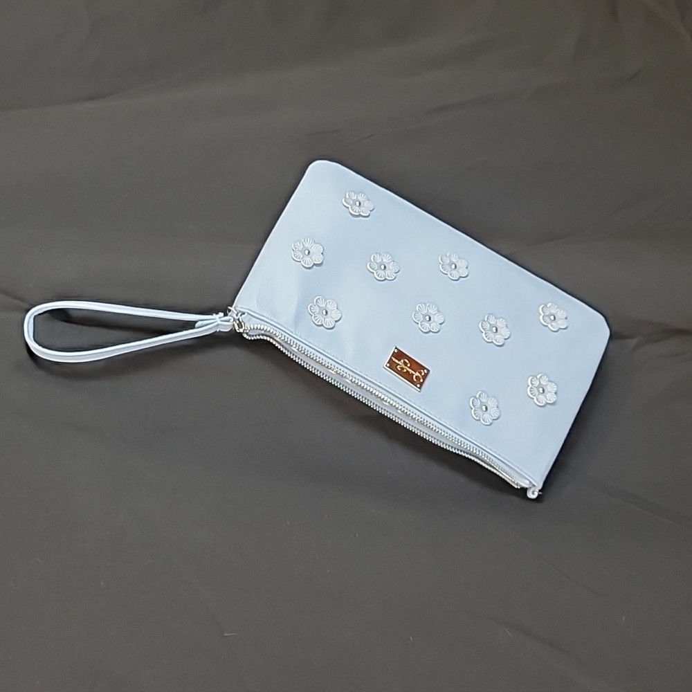 Jessica Simpson Wristlet Clutch Blue Vegan Leather W/Flowers & Bead Zipper Close